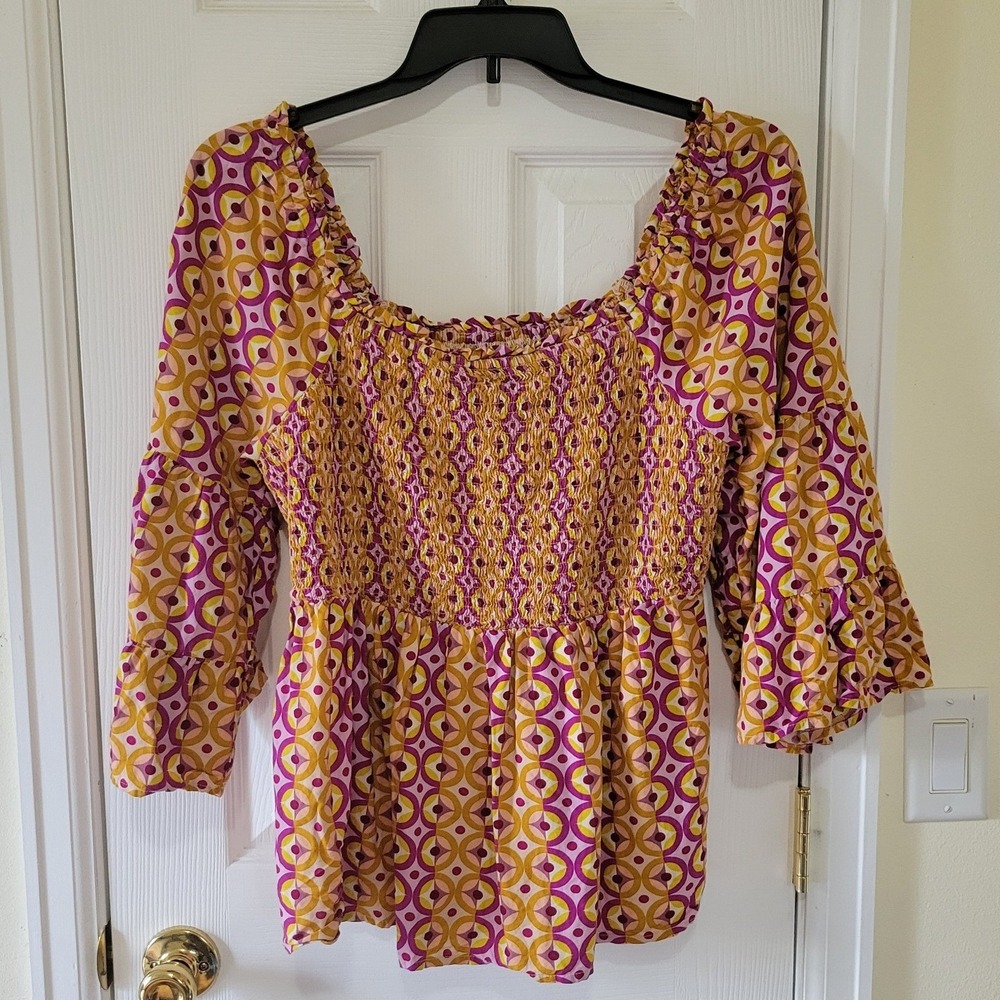 Smocked Peasant Blouse Purple Gold Geometric Abstract 0X 14W Boho Cottagecore